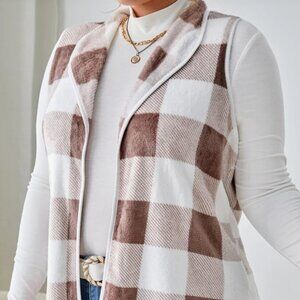 Shein Curve Plaid Plush Maroon & White Emery Rose Vest Women's SIZE 0XL
